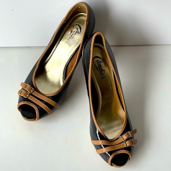 Candie's Black Brown Patent Leather Pumps Heels Buckle, Sz 8 - Picture 6 of 10